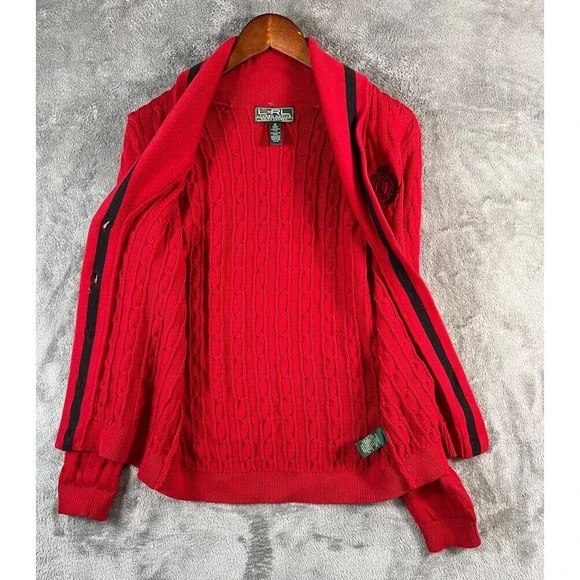 Lauren Ralph Lauren Active Cardigan Sweater Womens Medium Red Crest Cable Knit - Picture 3 of 11